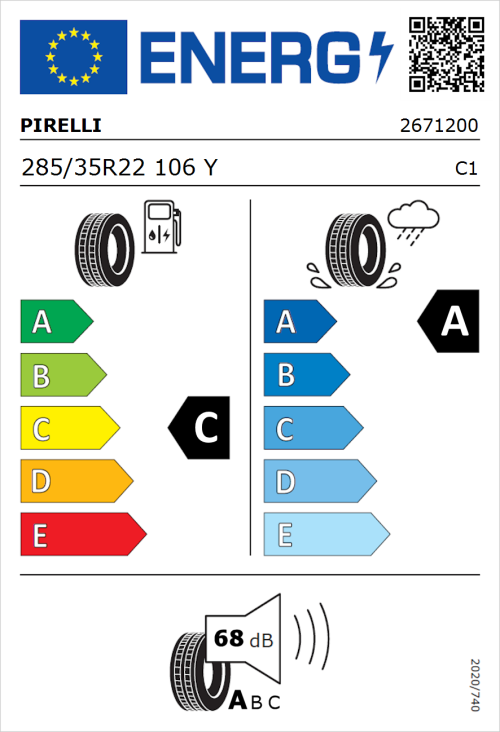 Tyre Label for Pirelli P Zero 285/35R22 106Y