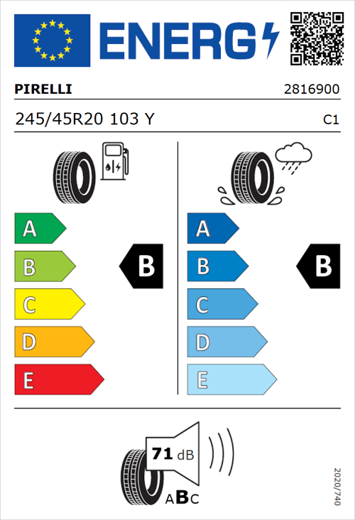 Tyre Label for Pirelli P Zero 245/45R20 103Y
