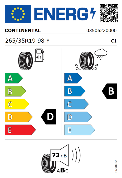 Tyre Label for Continental SportContact 2 265/35R19 98Y