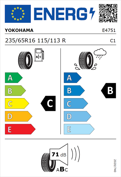 Tyre Label for Yokohama BluEarth Van RY55 235/65R16 115/113R