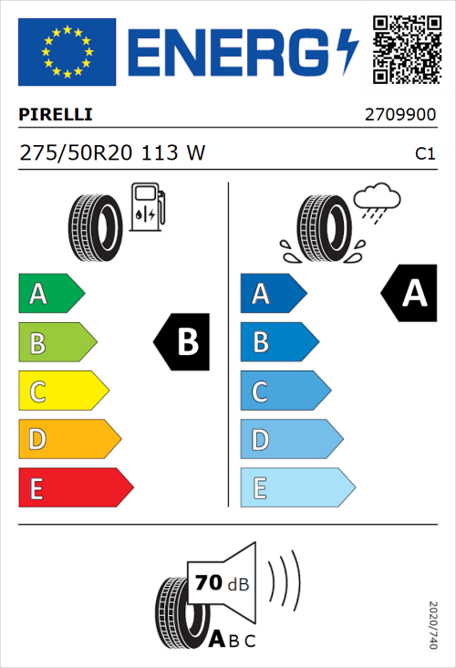 Tyre Label for Pirelli P Zero 275/50R20 113W