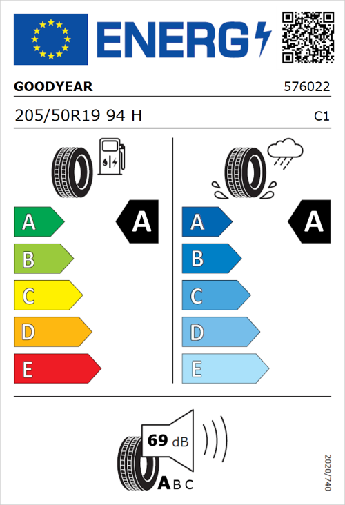 Tyre Label for Goodyear EfficientGrip Performance 205/50R19 94H