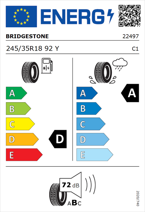 Tyre Label for Bridgestone Potenza Sport 245/35R18 92Y