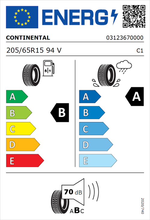 Tyre Label for Continental UltraContact 205/65R15 94V