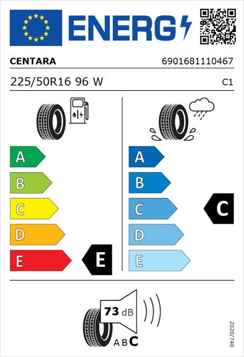 Tyre Label for Centara Vanti HP 225/50R16 96W