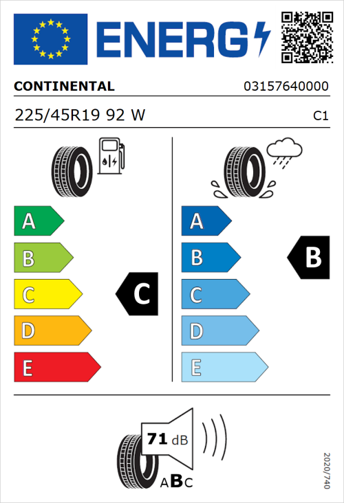 Tyre Label for Continental PremiumContact 6 225/45R19 92W