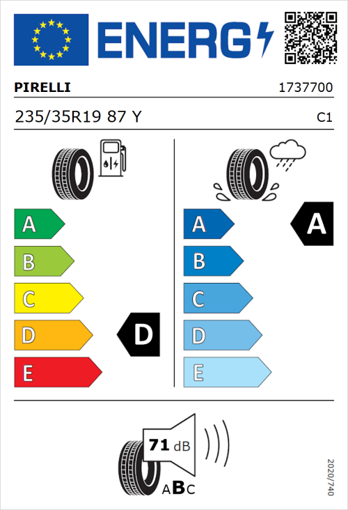 Tyre Label for Pirelli P Zero 235/35R19 87Y