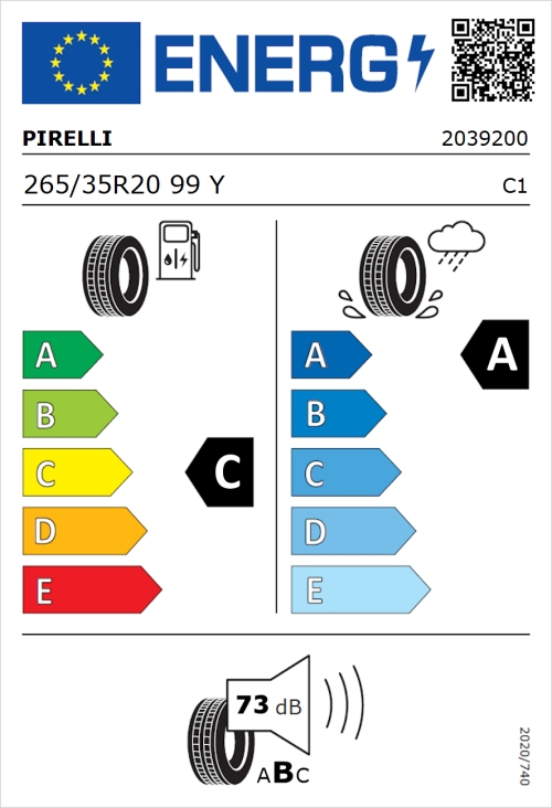 Tyre Label for Pirelli P Zero 265/35R20 99Y